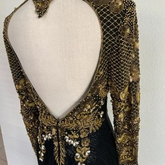 Naeem Khan Riazee Nights 80s X Open Back Slit Leg Pure Silk Long Sleeve Gown VTG - Picture 10 of 16